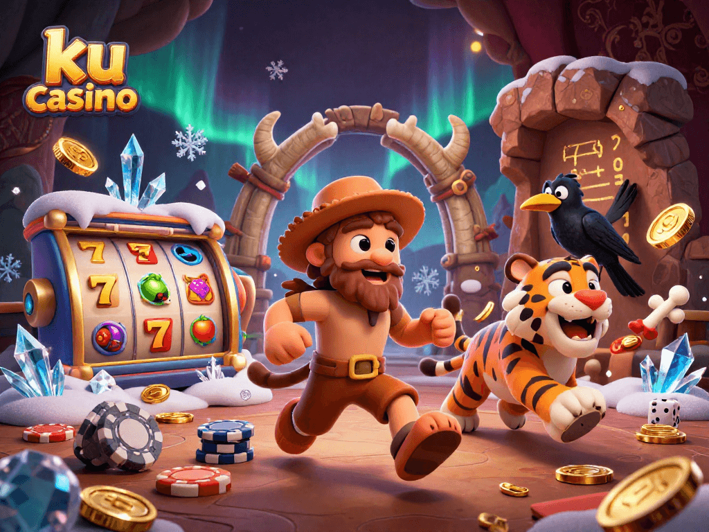 Join the excitement at ku casino with a vibrant prehistoric gaming scene featuring unique characters and dynamic elements.