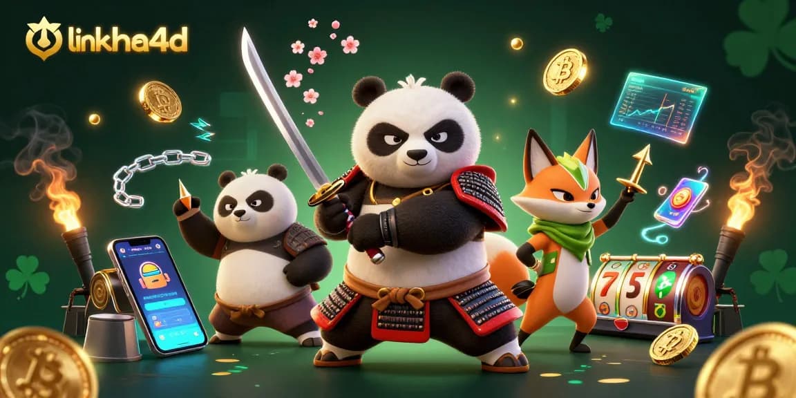 Gambar interaksi seru antara panda samurai dan rubah ninja di kasino digital link ahha4d dengan elemen permainan yang dinamis.