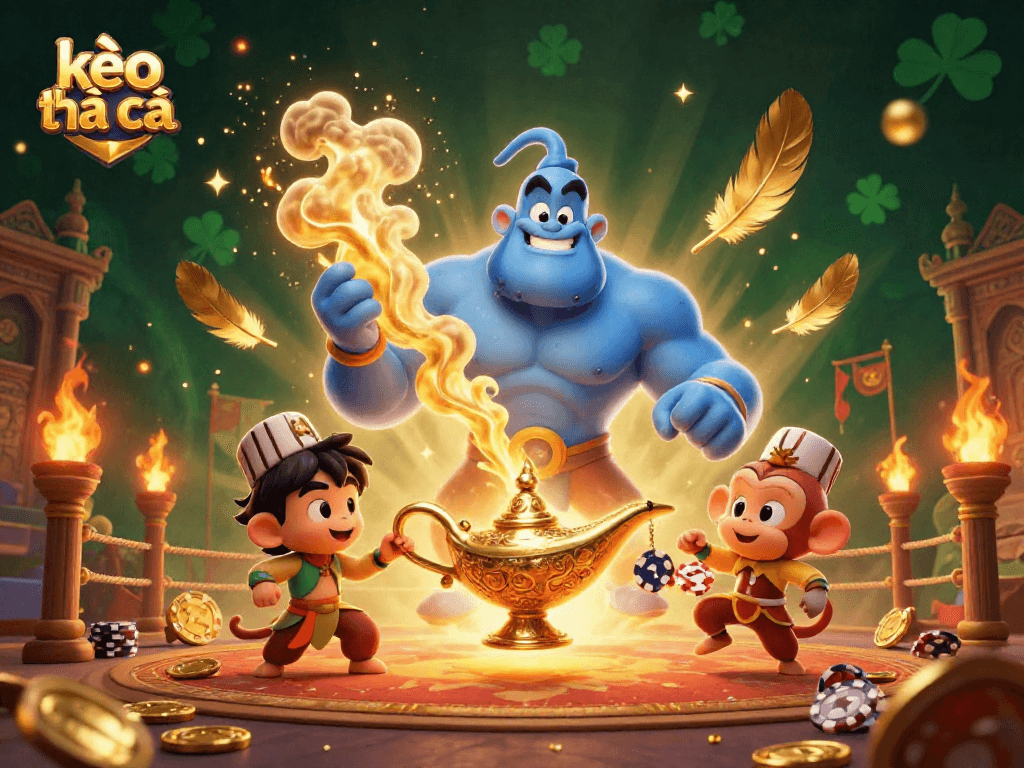 Engage with kèo nhà cái through an enchanting 3D casino scene featuring a lively genie, monkey, and poker chips.