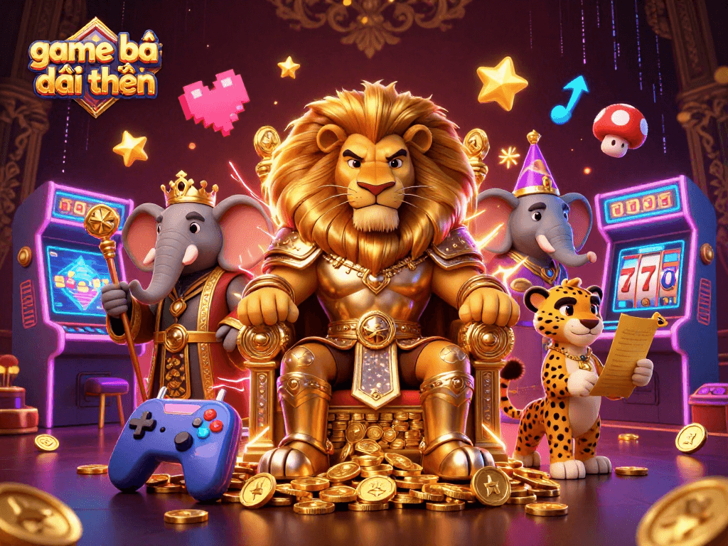 Engage in thrilling game bài đổi thưởng with a majestic lion king, jackpot symbols, and vibrant casino elements