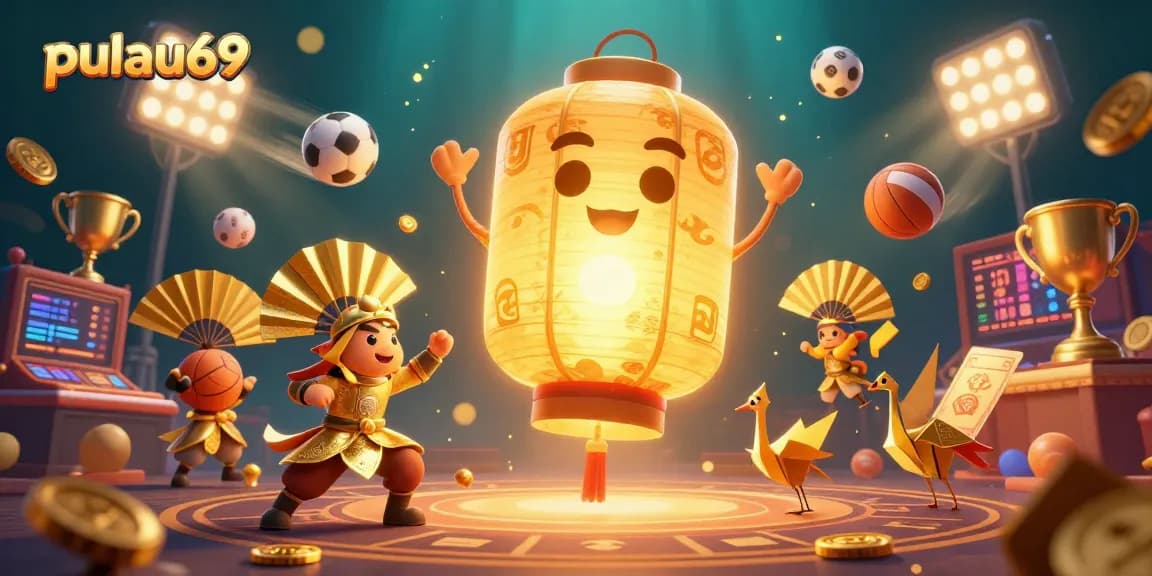 Experience the thrills with pulau69 as golden lanterns and dynamic sports elements create an enchanting casino scene.