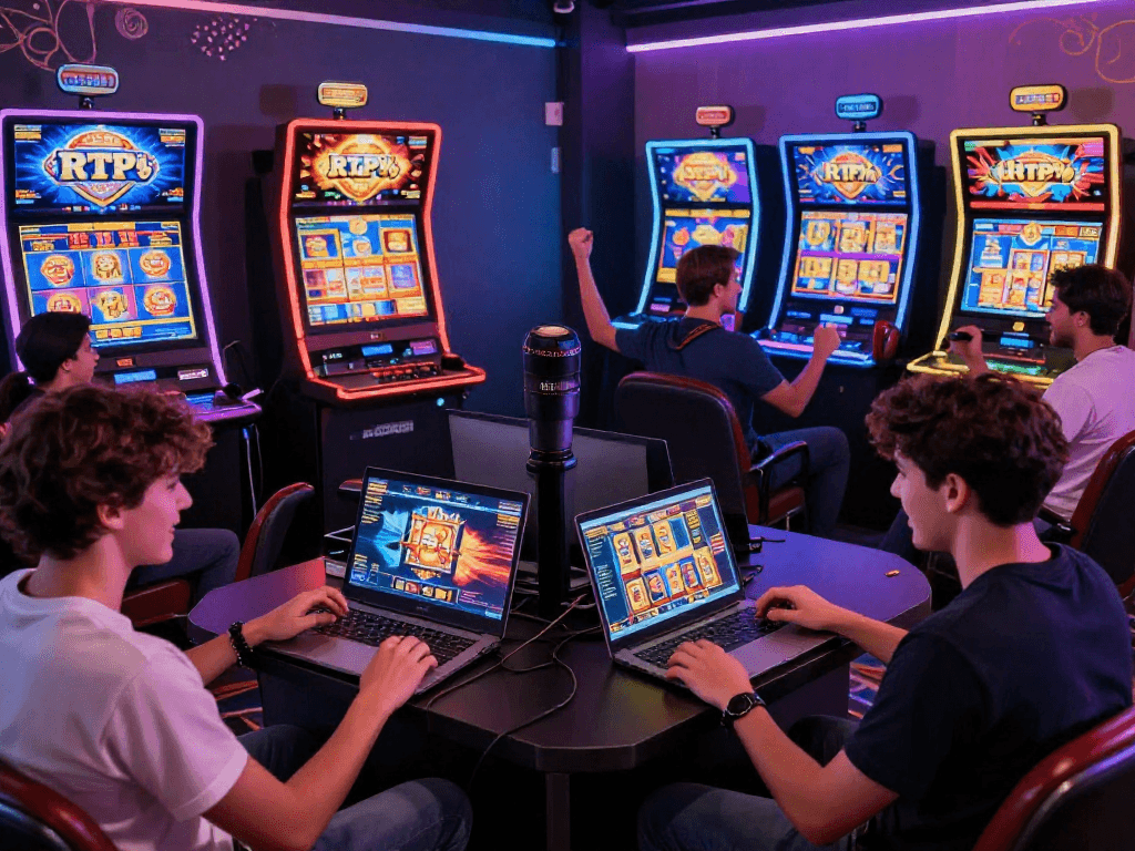 Vibrant online gaming scene showing players enjoying slot gacor hari ini with modern devices and high RTP