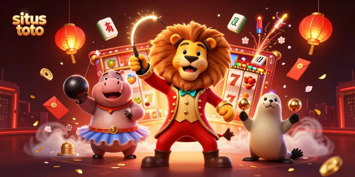 Engage with situs toto in an exciting casino scene featuring a circus-like atmosphere with vibrant characters!