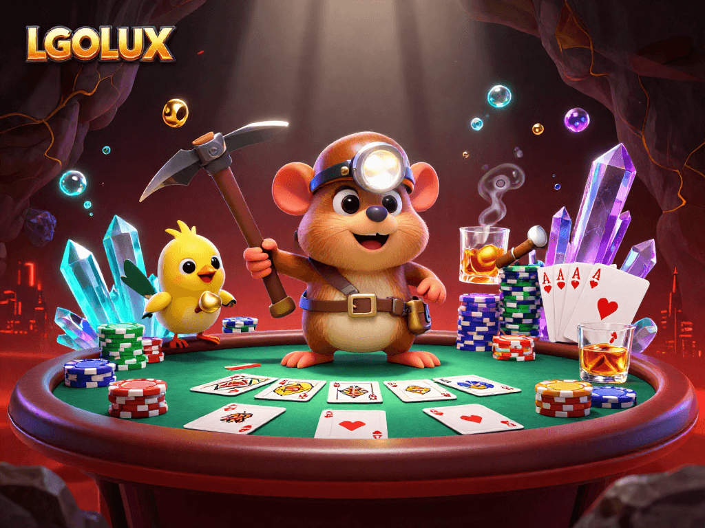 Experience LGOLUX excitement with a treasure hunter mole and poker elements in this vibrant casino scene.