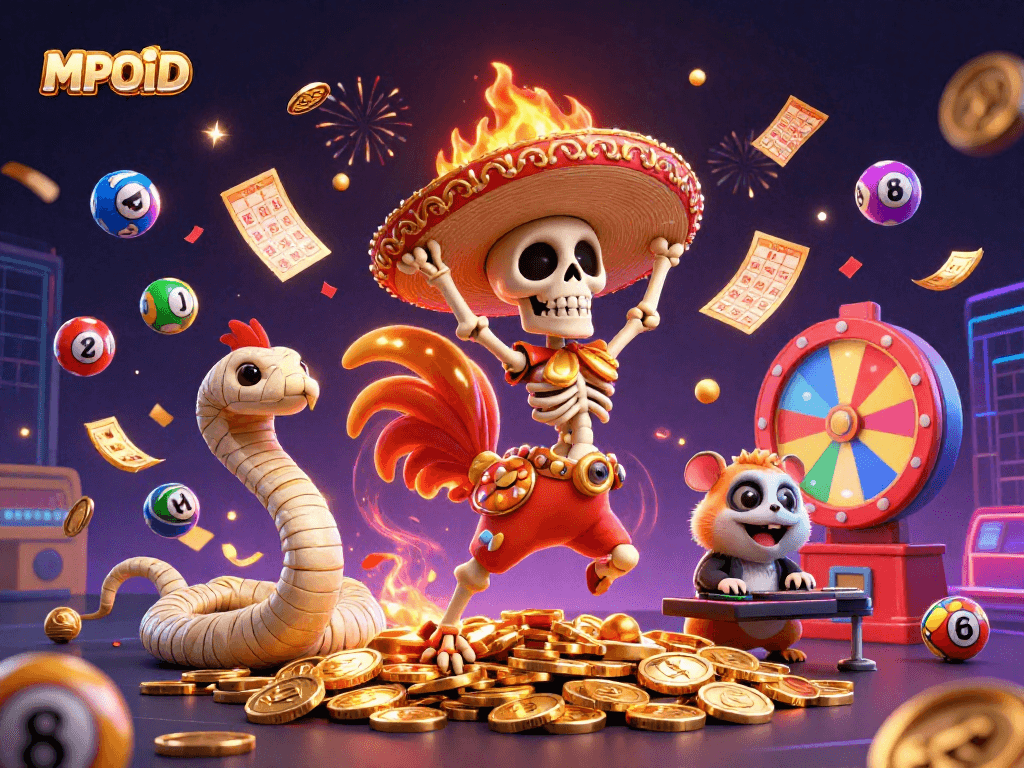 MPOID presents a vibrant scene with a dancing mariachi rooster, colorful lottery elements, and celebration effects.