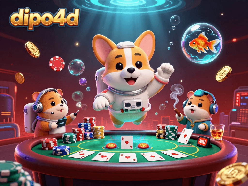 Dipo4d promotes an exciting casino experience with a floating astronaut corgi in a thrilling space environment.
