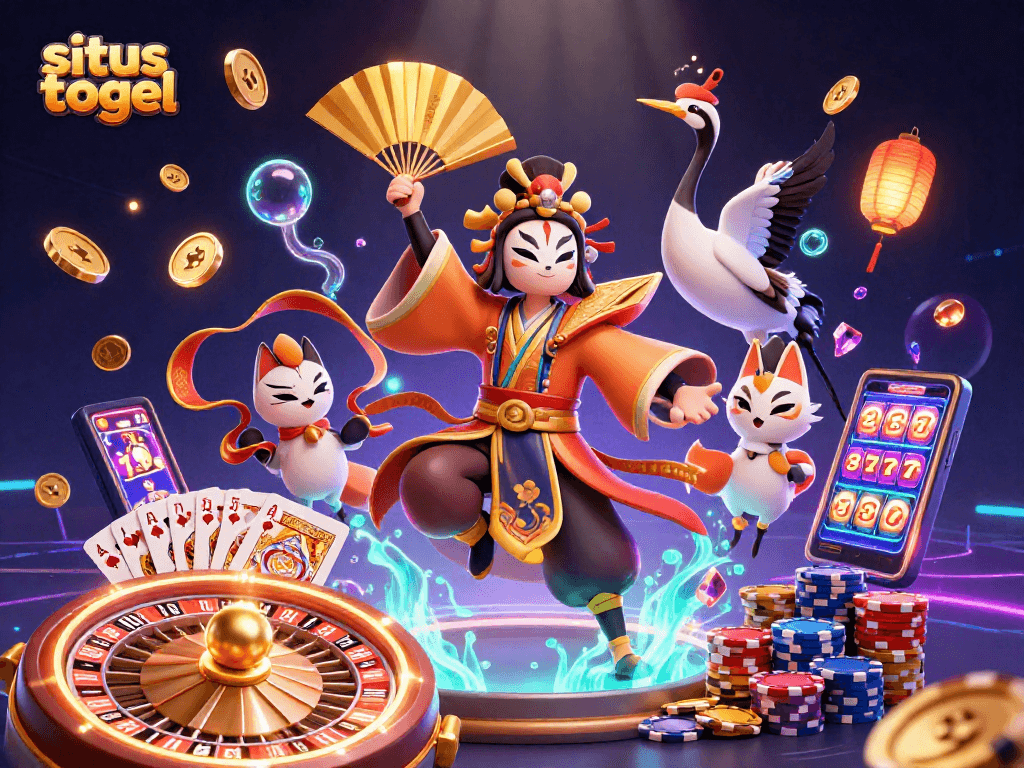 Situs togel menampilkan ilustrasi 3D karakter kabuki dengan harta casino terbang di sekitarnya.