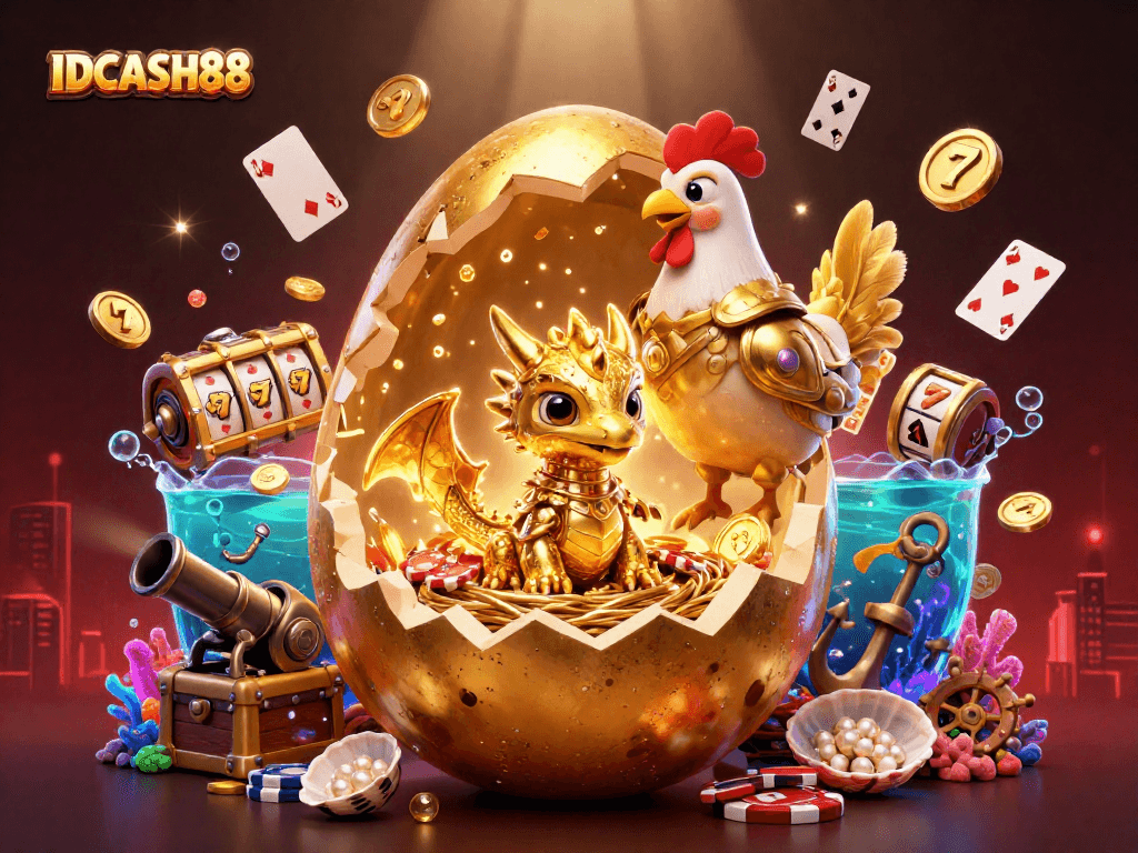 Engage in thrilling gameplay at IDCASH88 with a golden dragon and poker chips in a vibrant scene.