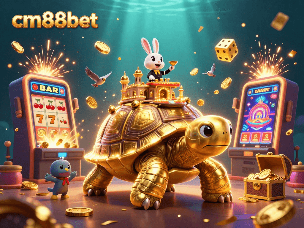 Experience vibrant casino excitement with cm88bet, featuring a golden tortoise casino and lucky rabbit dealer.