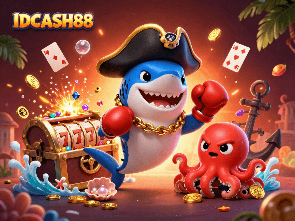 Engage in exciting wins with IDCASH88, featuring a pirate shark, pufferfish, and octopus in a dynamic casino scene.