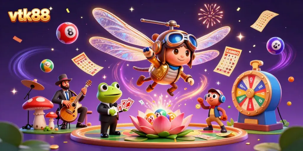 Engage with thrilling games at vtk88 while a dragonfly pilot and frog croupier create a lively atmosphere.