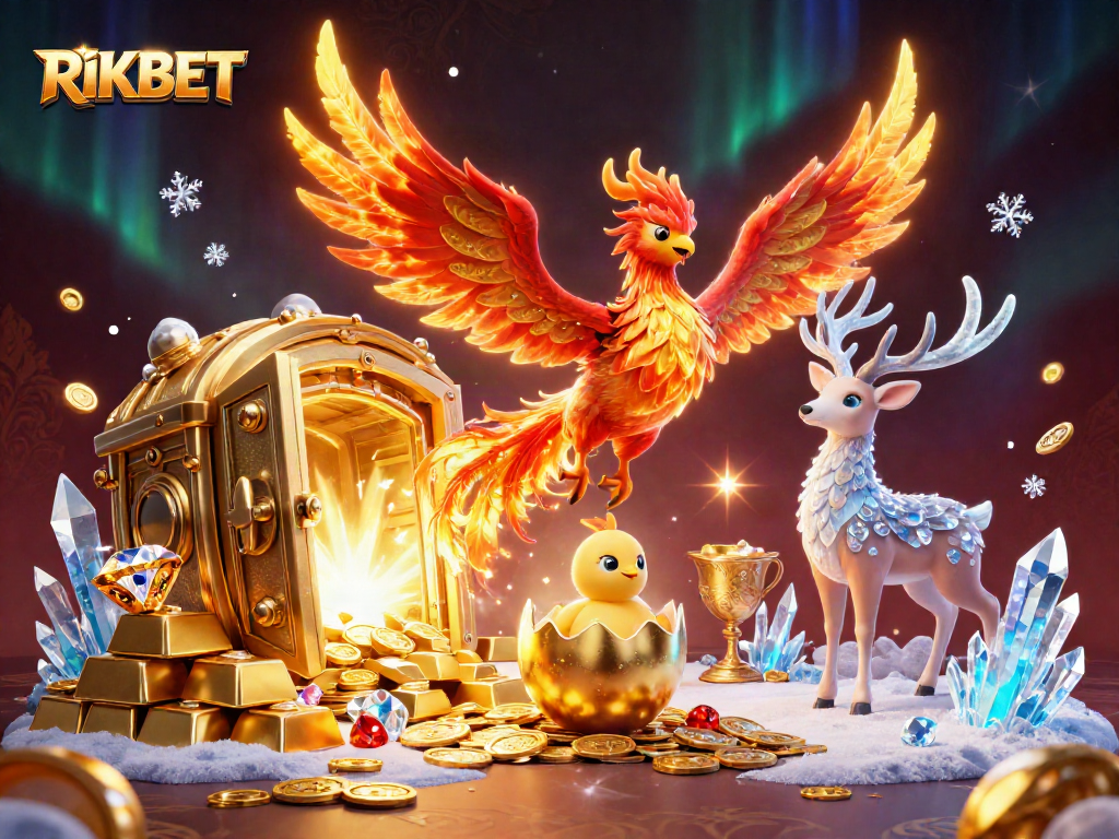 Experience the vibrant RIKBET world with a dazzling golden treasure scene featuring a phoenix and stag.