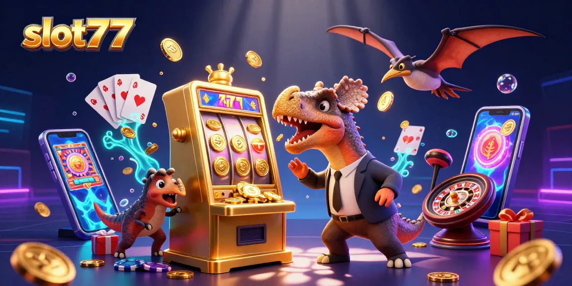 slot777 animation with a dinosaur hitting a golden slot machine amid flying coins