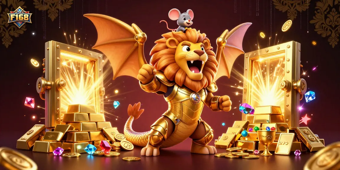 Experience exhilarating wins at F168 with a dynamic 3D illustration featuring casino treasures and roaring chimera guardians.