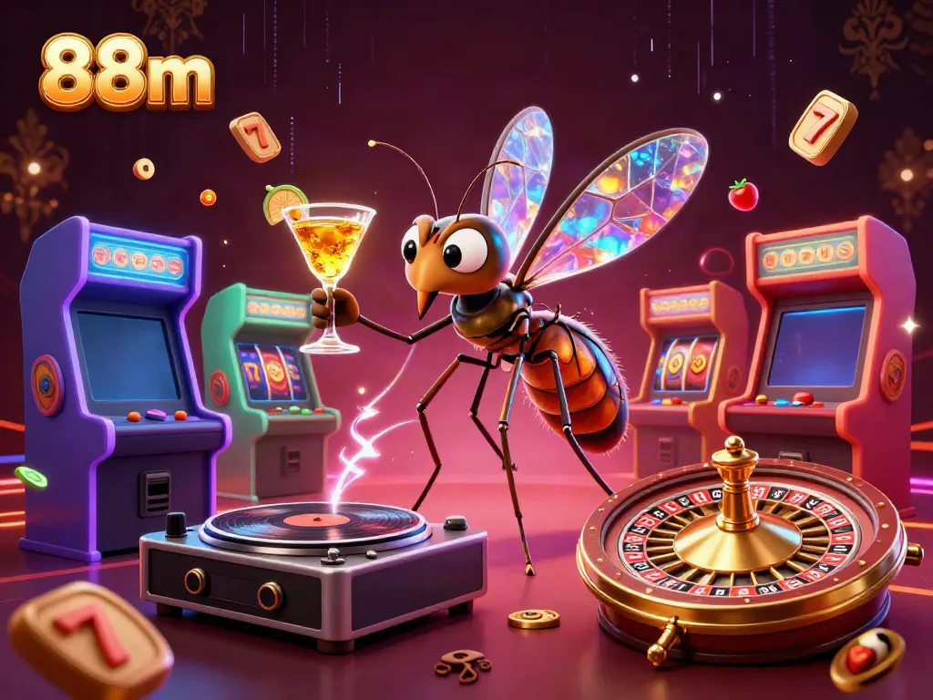 Engage with vibrant 88m casino excitement featuring a mascot and scintillating gameplay elements.