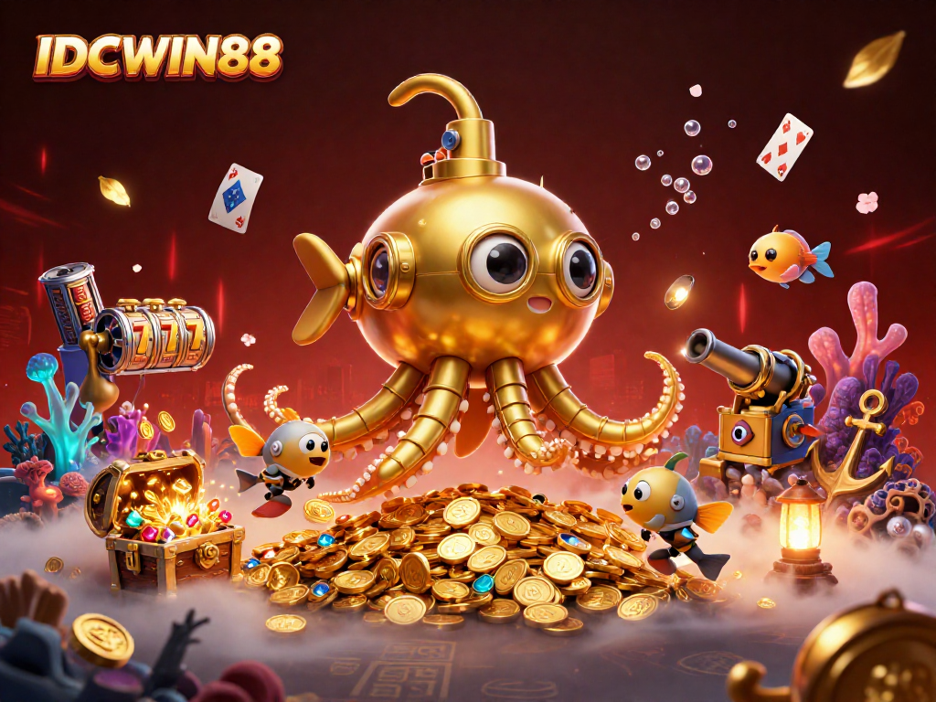 Experience thrilling gameplay at IDCWIN88 with a vibrant illustration of a golden kraken submarine and slot elements.