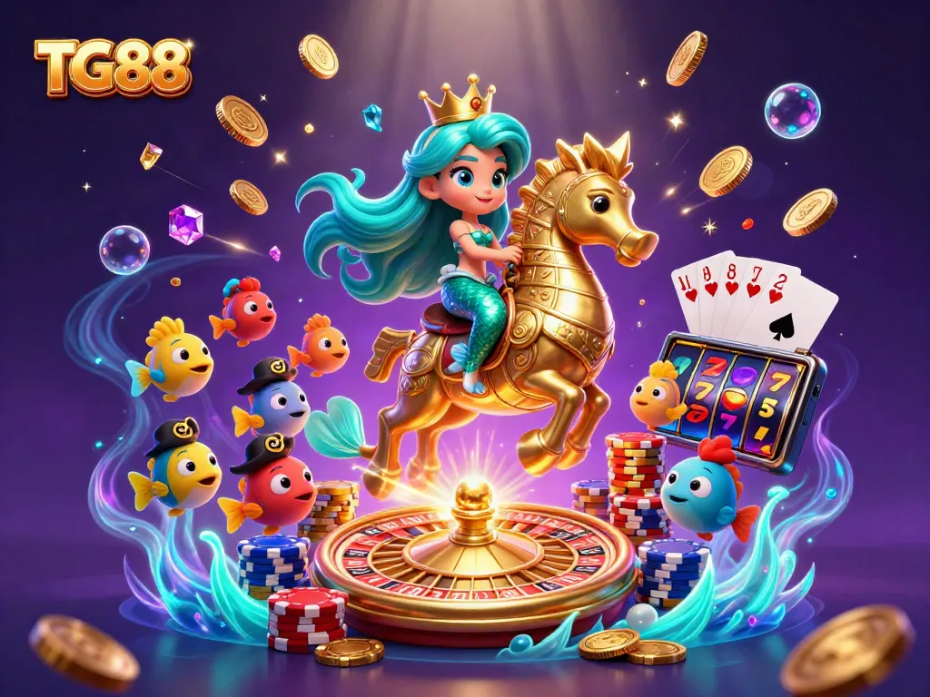 Engage with TG88 for thrilling casino adventures with a colorful mermaid and seahorse amid sparkling gems.