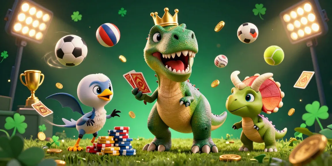 Engage with tunas4d's exciting card game scene featuring a T-Rex and friends stacked with chips.