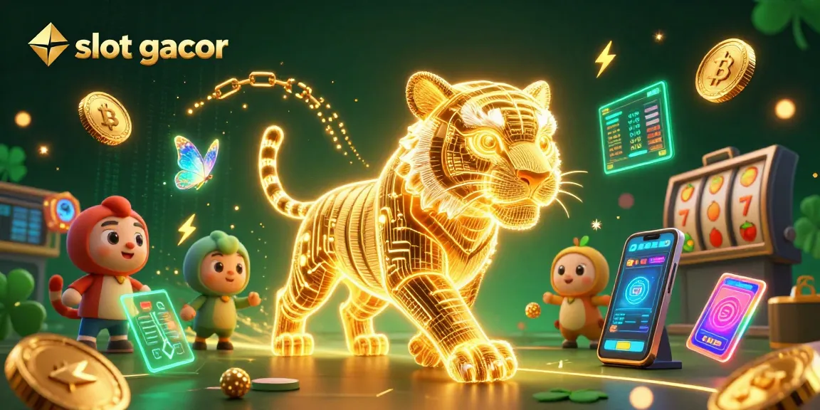 Permainan slot gacor yang menarik dengan karakter harimau neon dan elemen kasino digital yang berkilau.