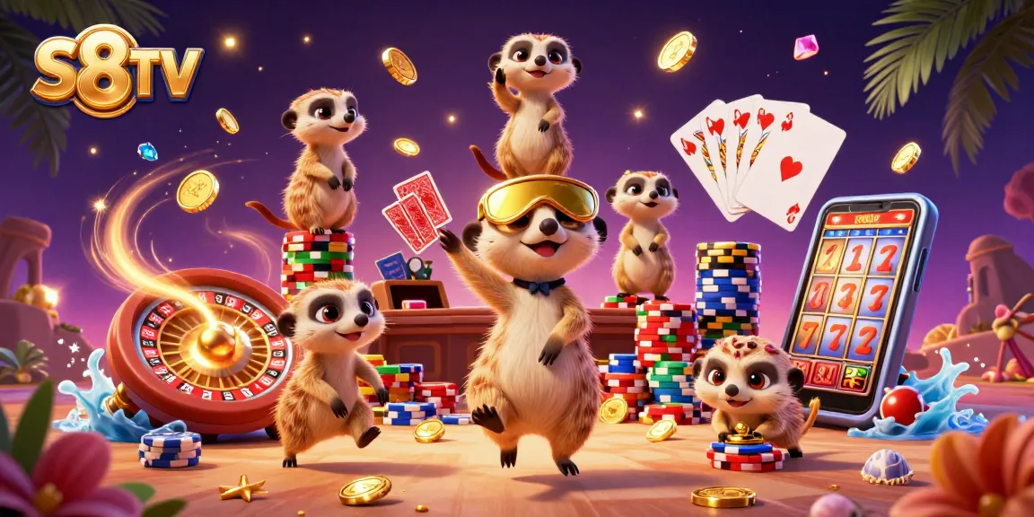 S8TV meerkats managing a vibrant casino scene with chips and games in action