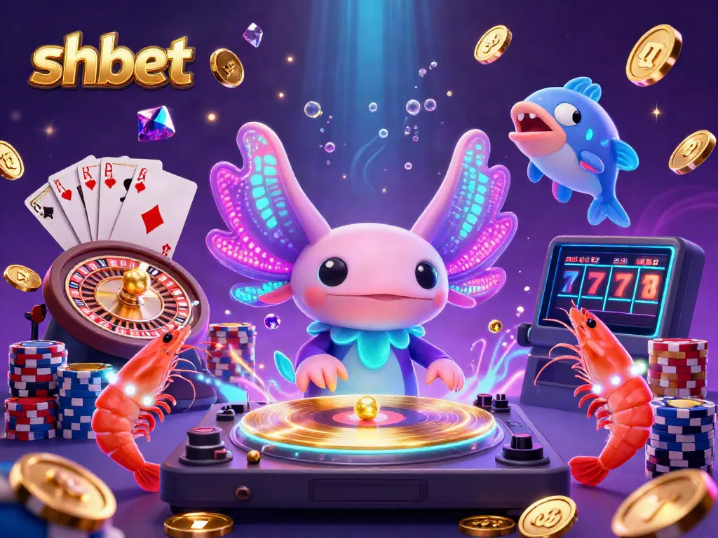Experience thrilling shbet action with a neon axolotl DJ, glowing coins, and casino games.
