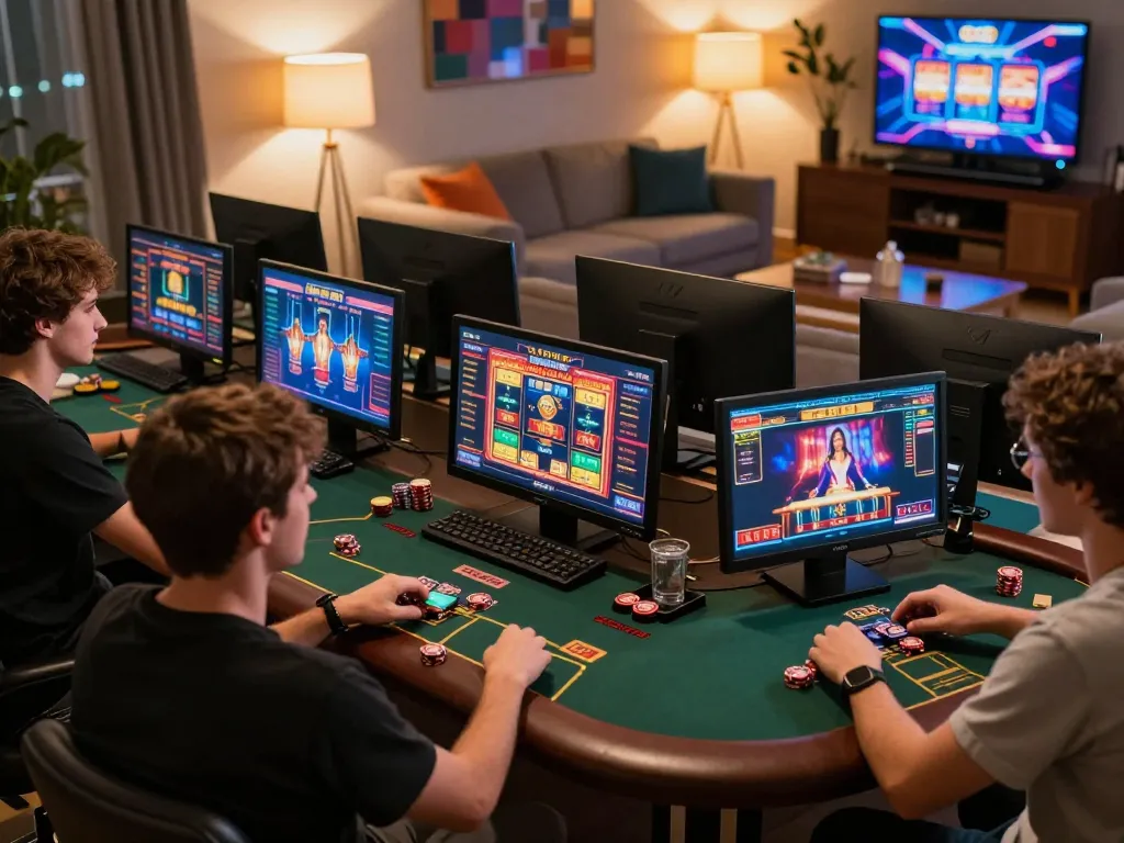 Players enjoying the excitement of online gambling at 789bet with multiple devices and cozy atmosphere.
