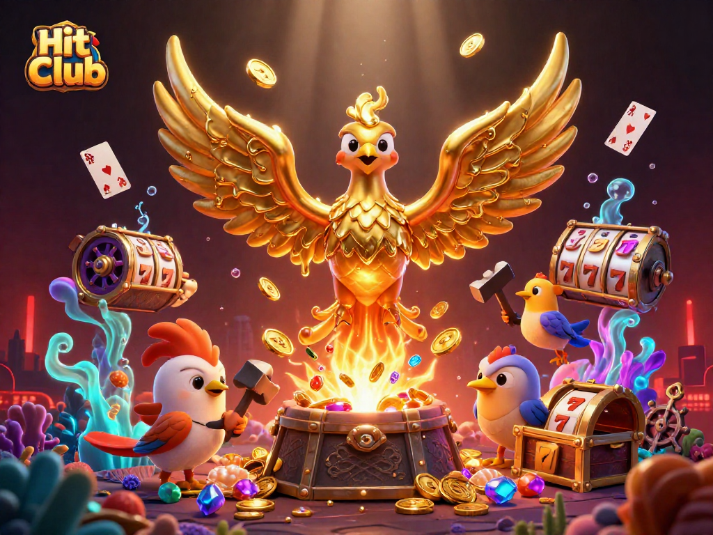 Experience the thrill of the Hit Club with a vibrant 3D illustration of a golden phoenix and gaming elements.