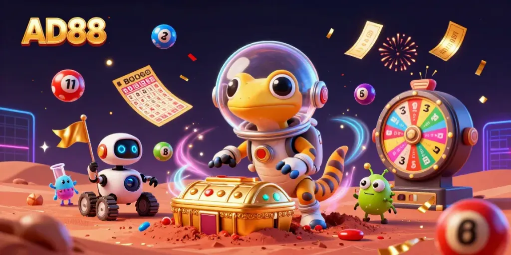 Cheer for AD88 as a Martian gecko celebrates winning the jackpot in a vibrant casino scene.
