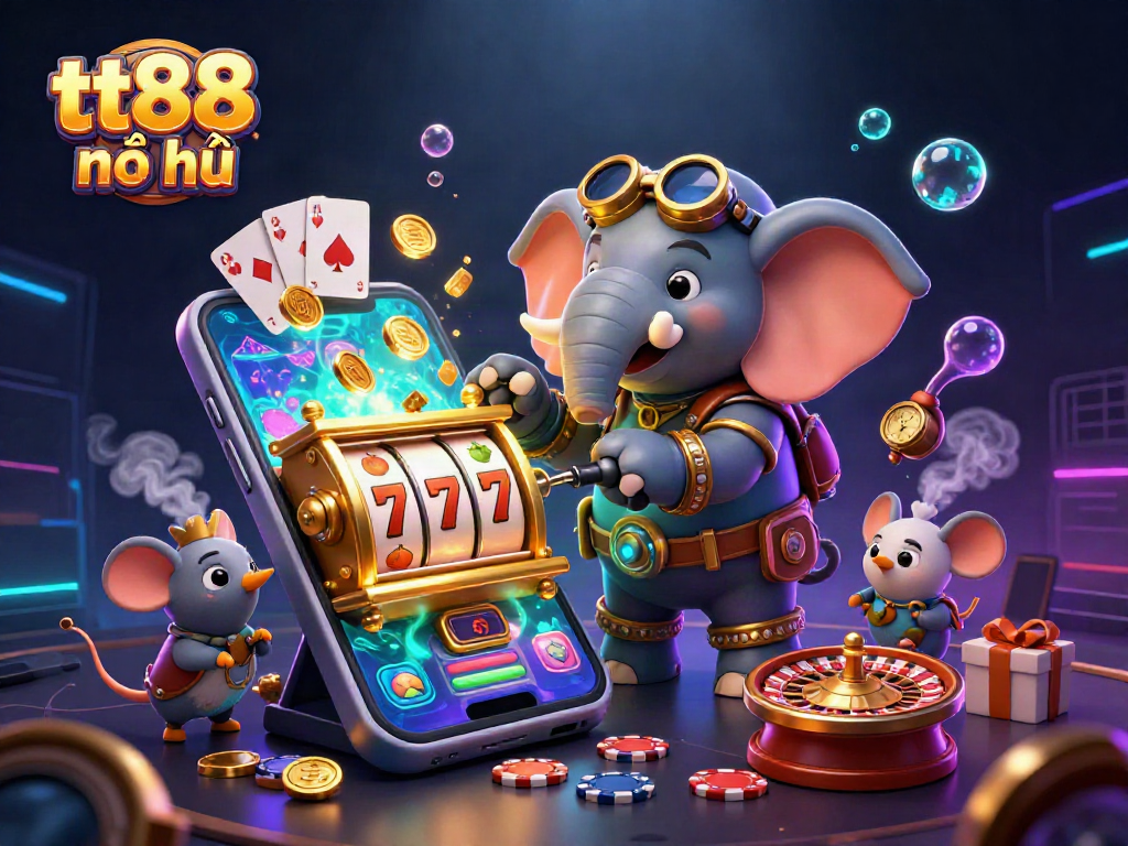 Play and win with tt88 nổ hũ in this vibrant 3D illustration showcasing engaging slot machine action and casino elements.
