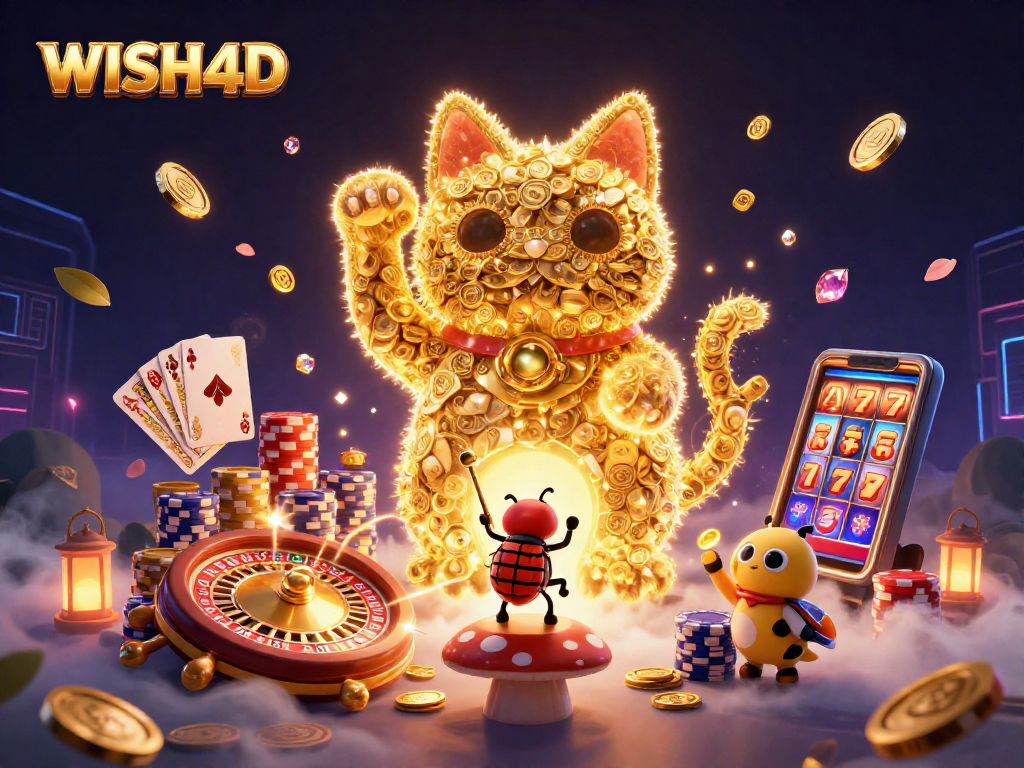 Engage in the thrilling world of WISH4D slot machines with vibrant visuals and dynamic casino elements.