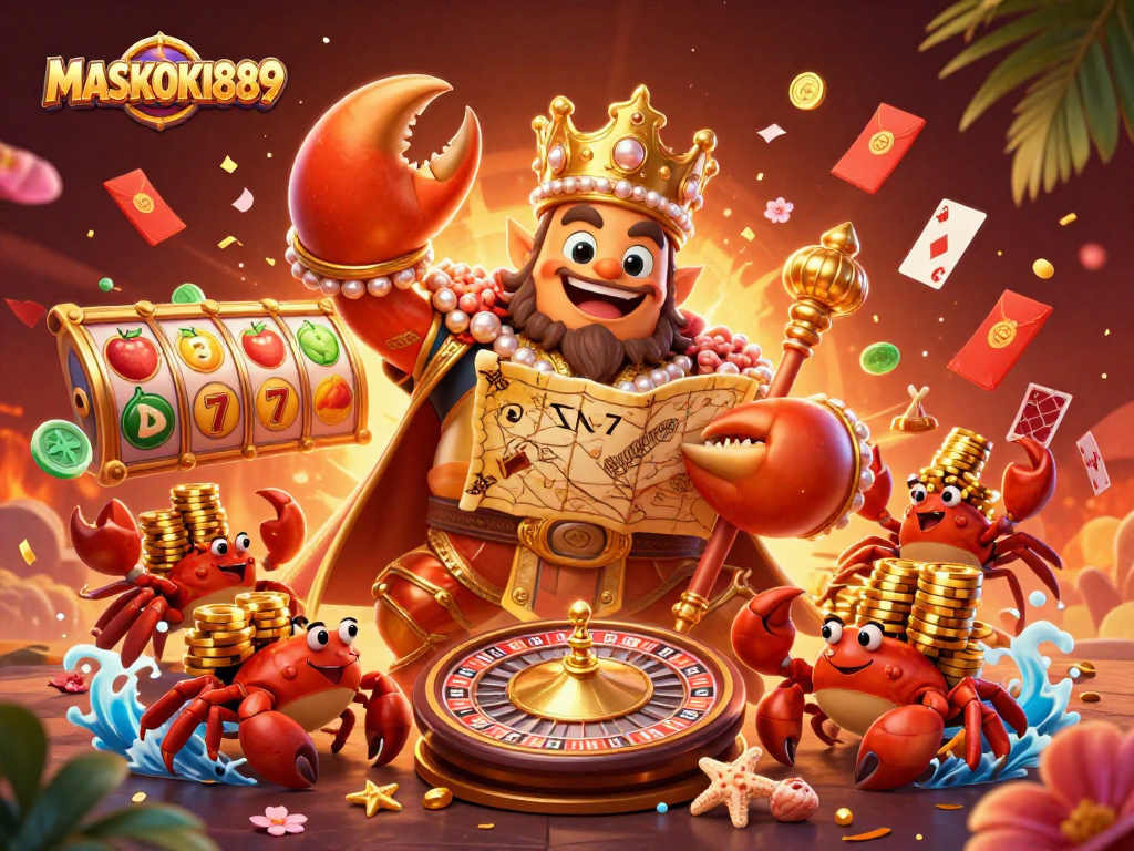 Experience winning at MASKOKI889 with fiery roulette and vibrant slot reels in this rich casino scene.