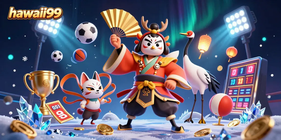 Engage with hawaii99 through a vibrant 3D casino scene featuring a kabuki warrior and dynamic game elements.