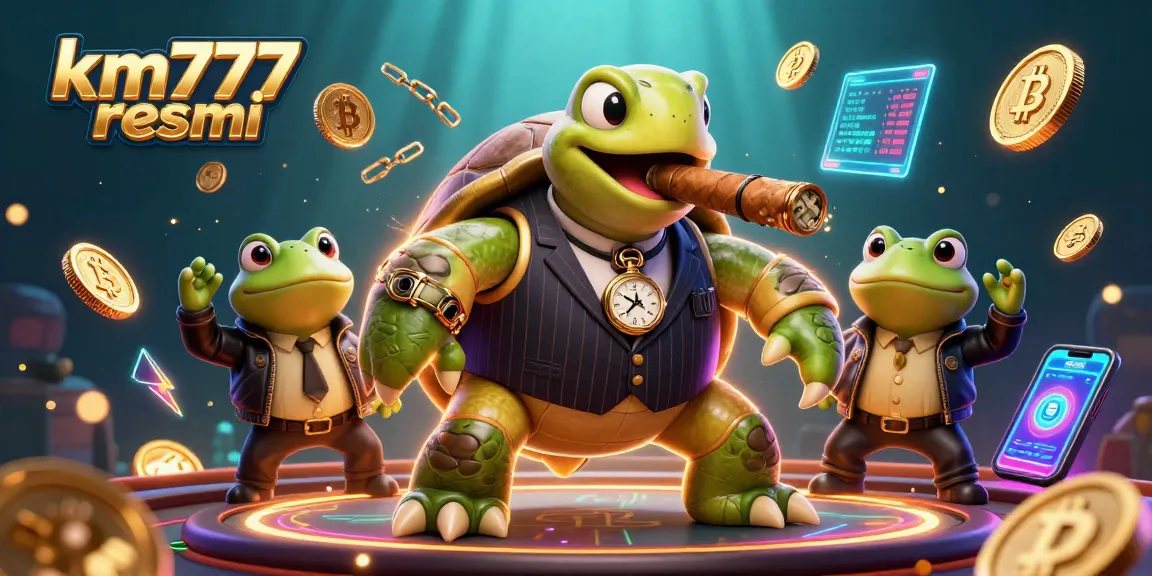 Experience casino excitement with km777 resmi, featuring a turtle in a mobster suit and glowing crypto elements.