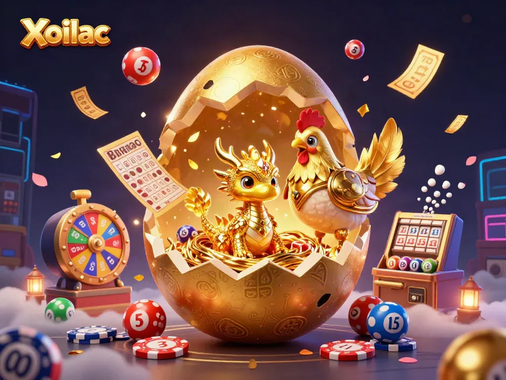 Watch the Xoilac baby dragon emerge from its golden egg, surrounded by colorful lottery elements and exciting casino visuals.