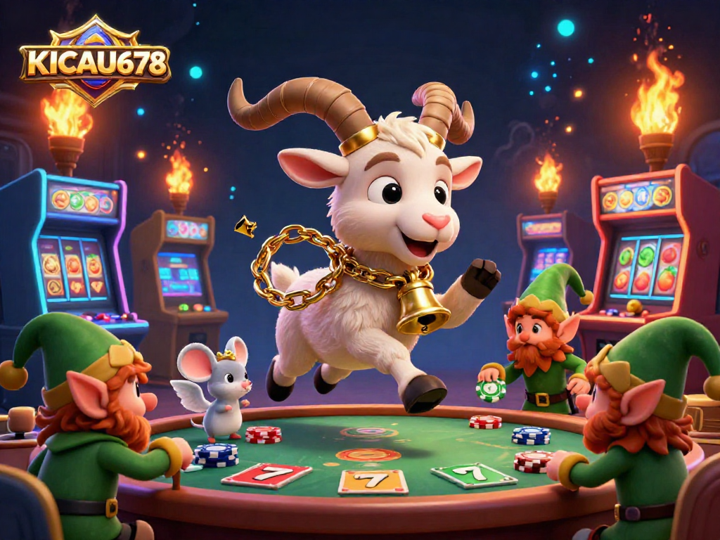KICAU678 engages players with casino fun featuring a Krampus goat and playful elves in a vibrant game scene.