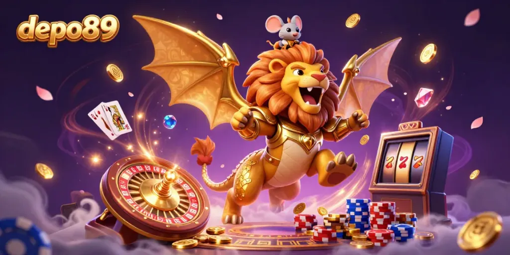 Engaging illustration of depo89 featuring a golden chimera roaring, surrounded by cascading coins and spinning roulette wheels, showcasing vibrant casino imagery.