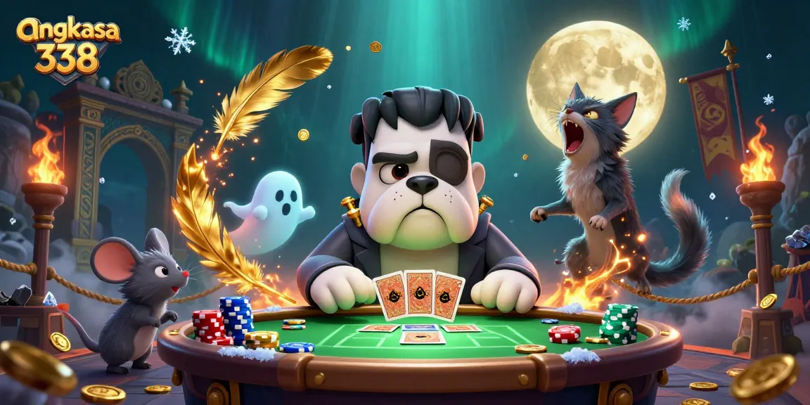 Play thrilling games at angkasa 338 with a vibrant, spooky 3D casino scene filled with unique characters.
