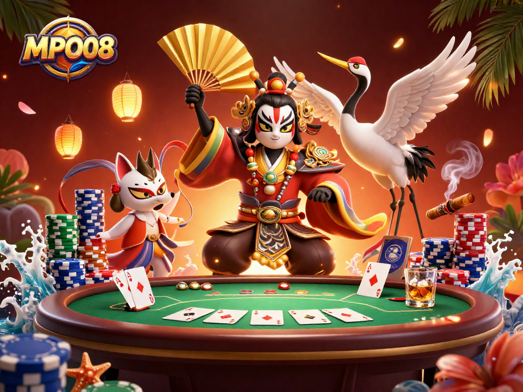 MPO08 offers an interactive gaming experience with a captivating illustration of a kabuki warrior and poker elements.