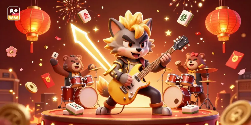 Experience R666 excitement with a vibrant casino performance featuring a rock star wolf and drummer bear.