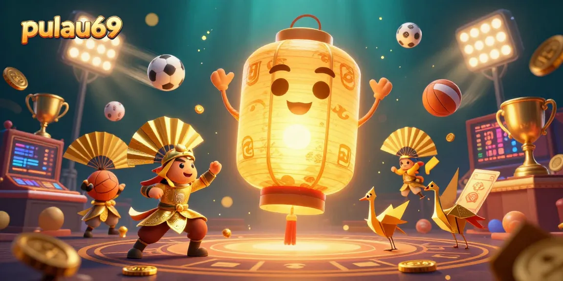 Experience the thrills with pulau69 as golden lanterns and dynamic sports elements create an enchanting casino scene.