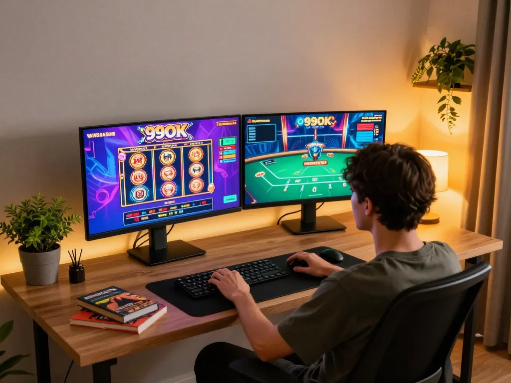Player engaging in 99OK online casino games on dual monitors in a cozy gaming setup