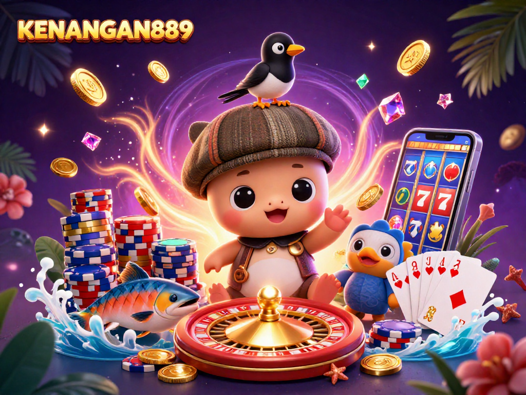 Play and win with KENANGAN889 in this vibrant casino scene featuring playful characters!