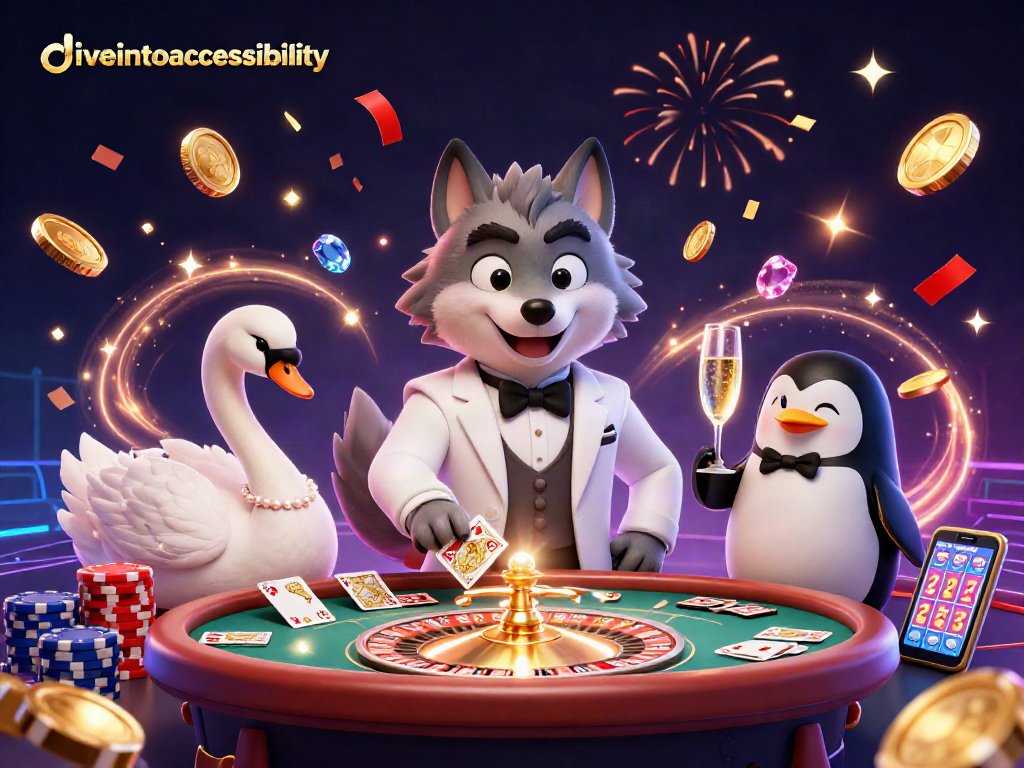 Diveintoaccessibility showcases a debonair wolf, elegant swan, and penguin amidst festive casino elements.
