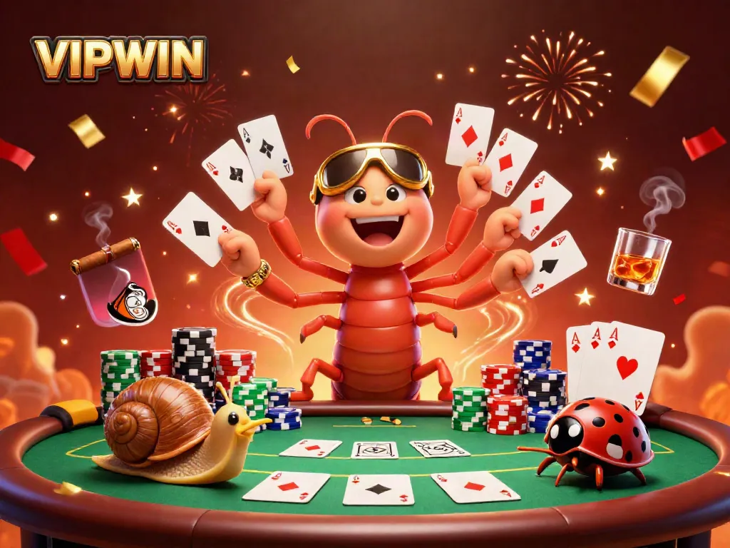 Engaging scene with VIPWIN's cartoon dealer and characters celebrating a card victory amidst poker chips and confetti.