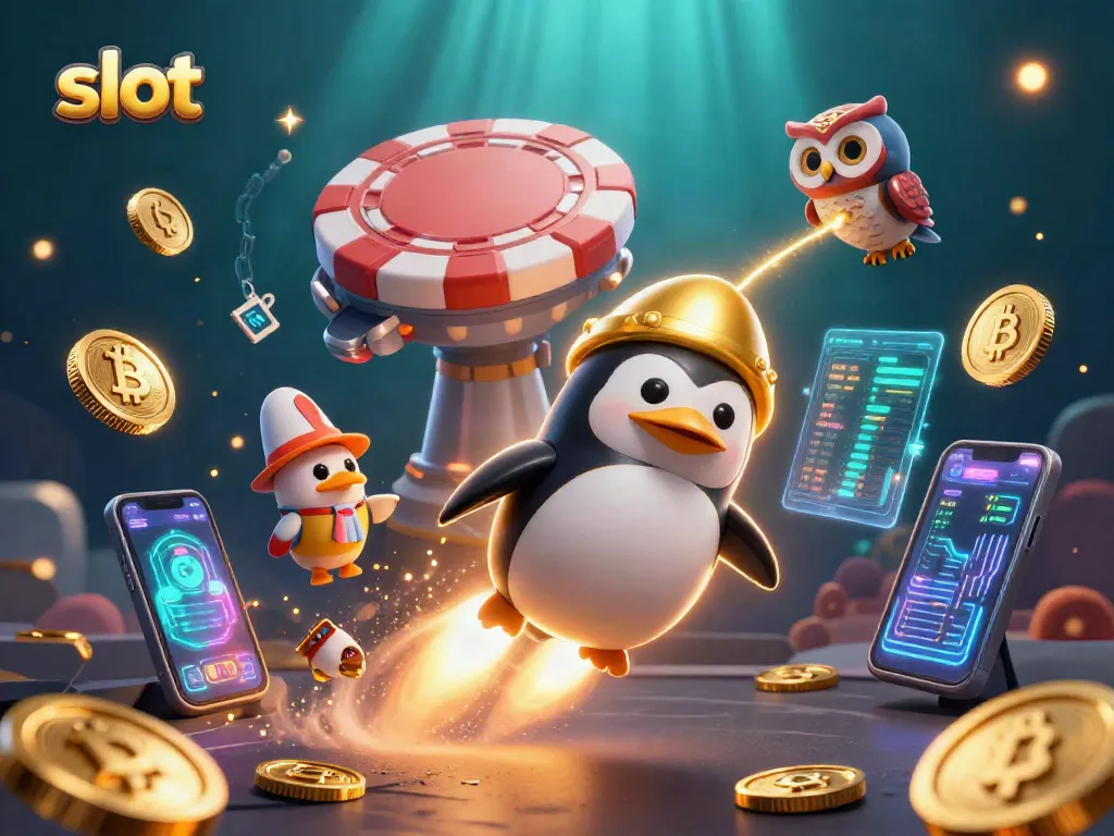 Engage with slot gaming excitement through a golden penguin racing to a poker chip casino.