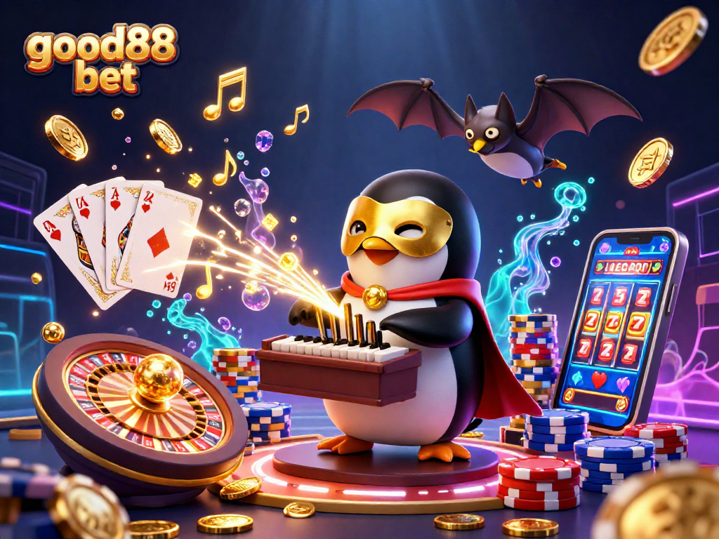 Experience the thrill of good88 bet as the penguin plays for golden coins in a vibrant casino scene.