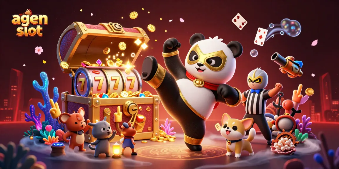 Ilustrasi agen slot dengan panda petarung menggunakan trik dan slot yang berkilau, menciptakan pengalaman menarik bagi pemain.