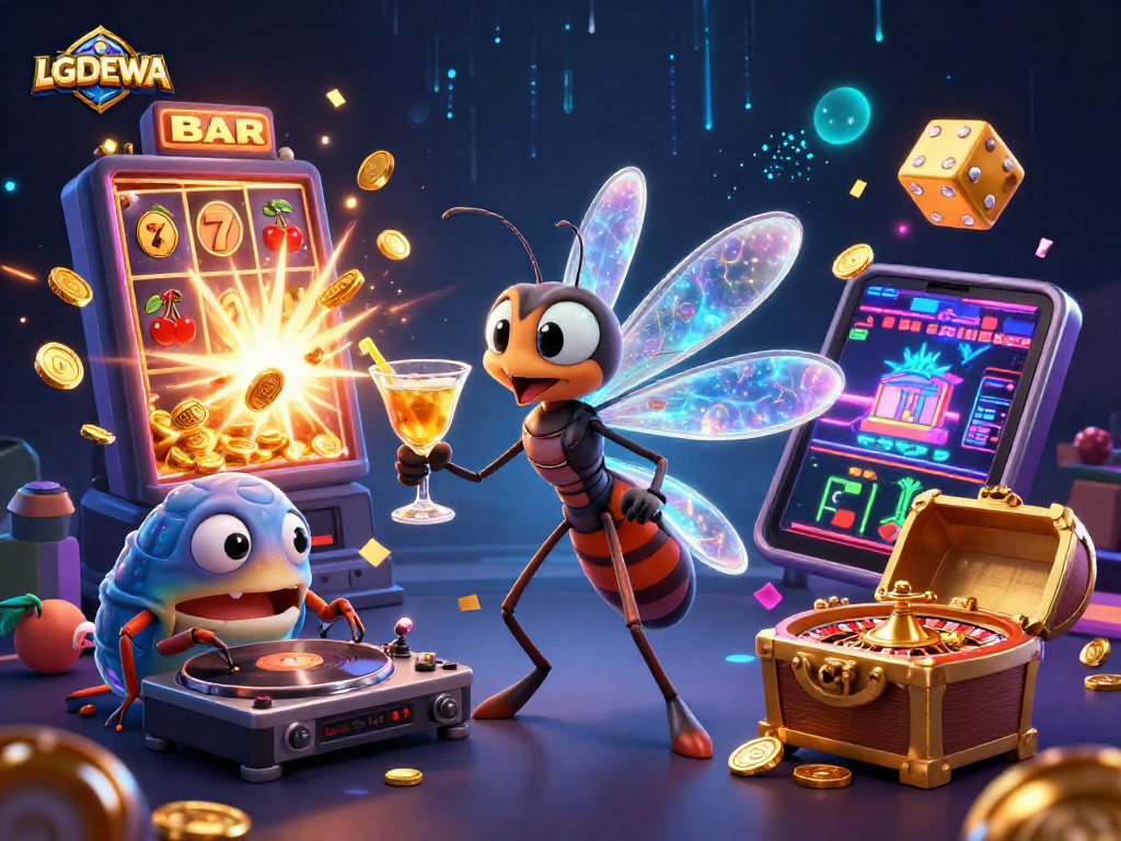 Engage with LGODEWA's lively casino experience featuring a golden cocktail-wielding mascot and thrilling games.