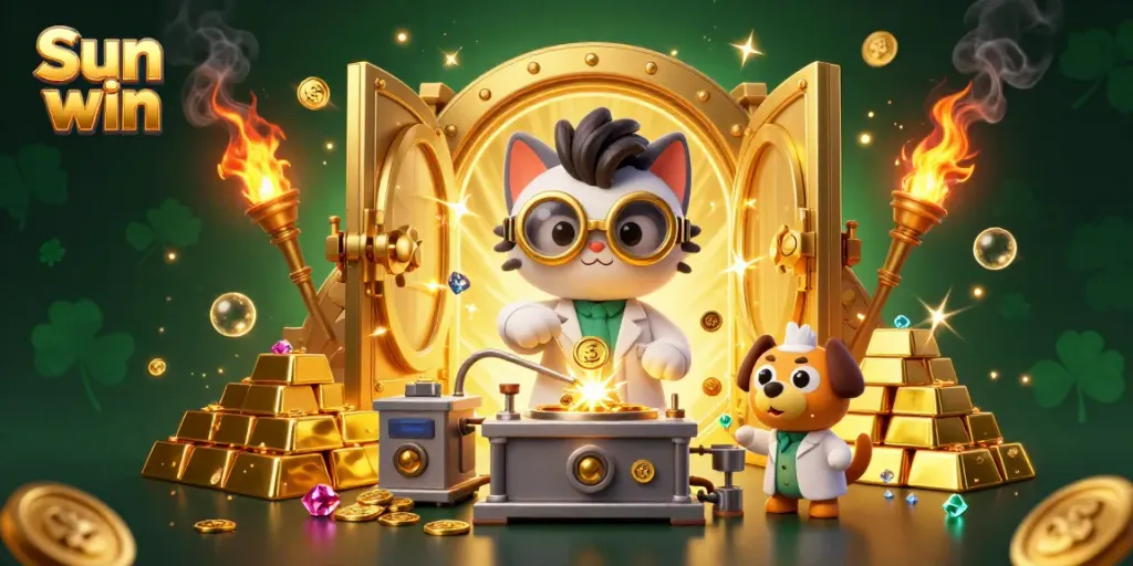 Experience the thrill of Sun win with a cartoon cat mad scientist in a gold-coin lab.