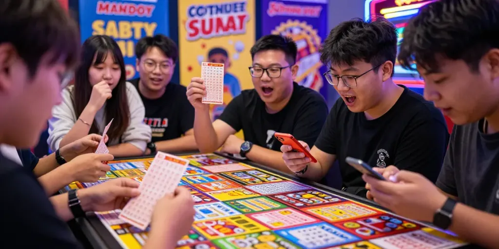 Suasana permainan ratutogel dengan pemain bersemangat memeriksa tiket dan merayakan kemenangan.